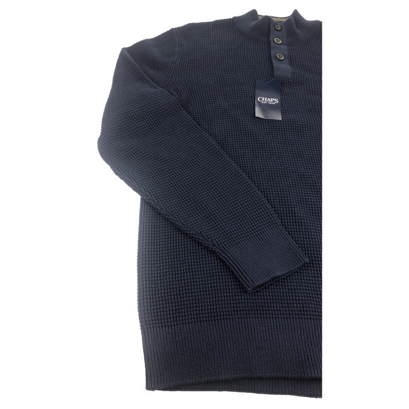 Chaps‎ Men's Sweater Large Cable Knit Mock Neck Quarter Button Pullover Blue - Picture 3 of 14